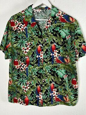 Hilo Hattie Womens Hawaiian Tropical Parrot Print Button-Down Shirt Large Green